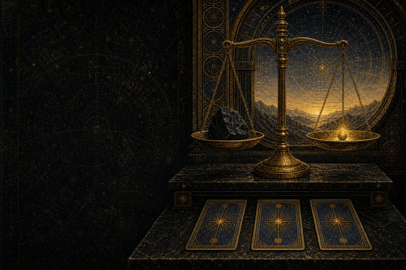 Eine goldene Waage mit einem Stein und einem Samen neben drei eigens gestalteten Tarotkarten