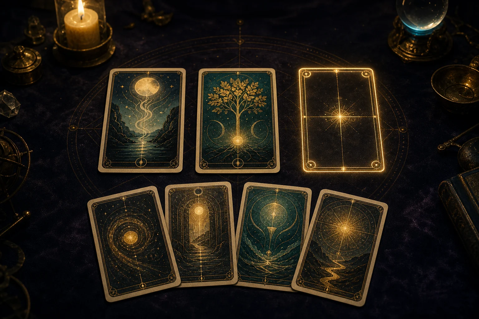 Nächtliche Tarotlegung mit zwei offenen Karten, einem leuchtenden freien Platz und vier möglichen Antworten