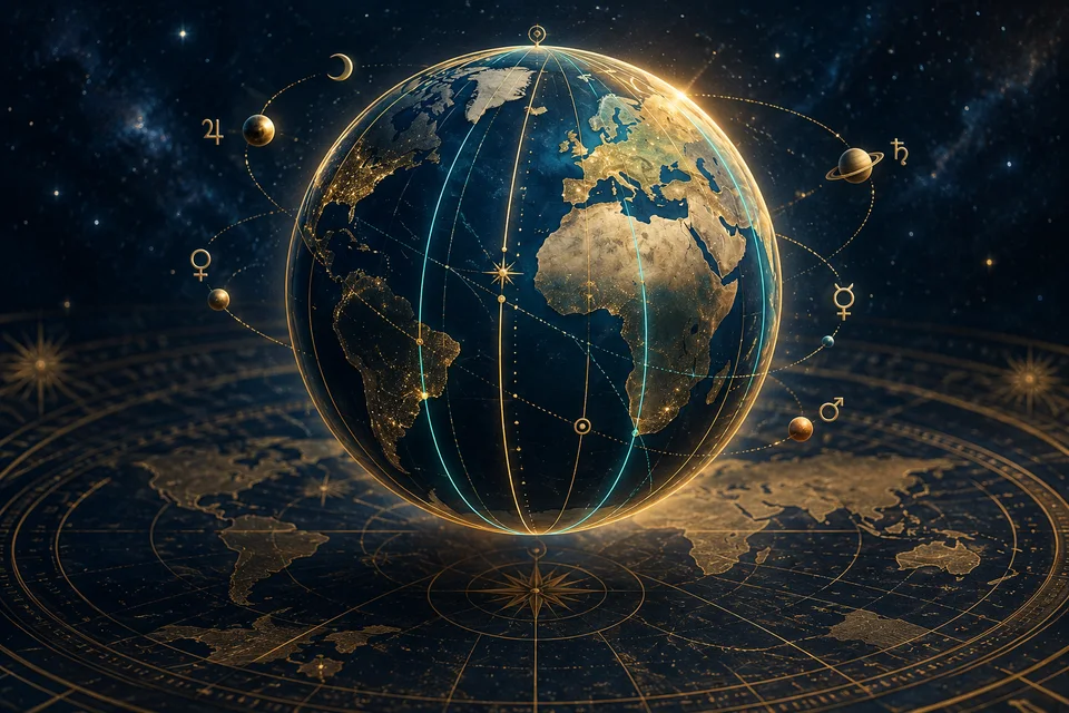 Blauer Globus mit goldenen Planetenlinien