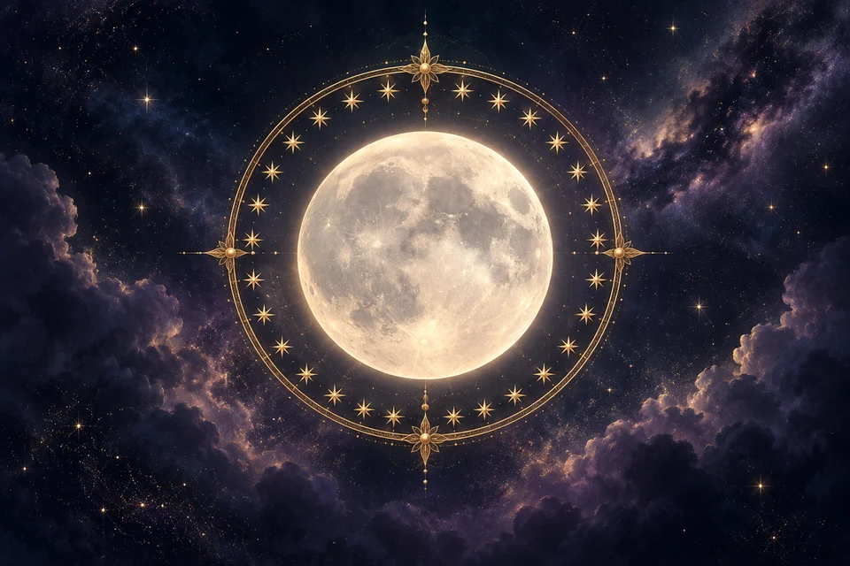 Leuchtender Mond in einem goldenen Sternenring vor indigoblauem Himmel