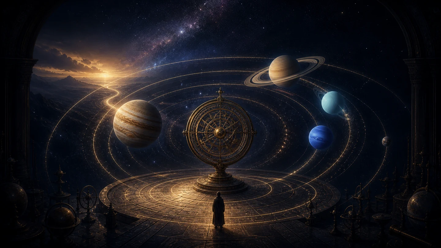 Himmelsobservatorium mit Jupiter, Saturn, Uranus, Neptun und Pluto auf ihren Umlaufbahnen