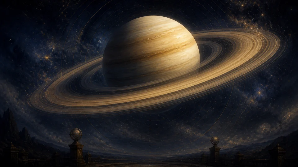Saturn über einer Sternwarte unter einem Sternenhimmel