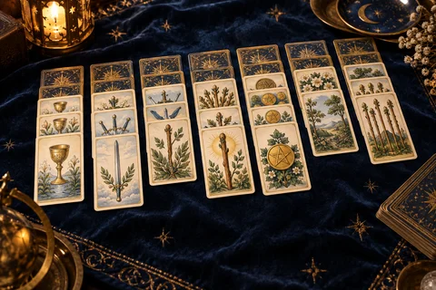 Tarotkarten in Solitärspalten auf einem blauen Spieltuch